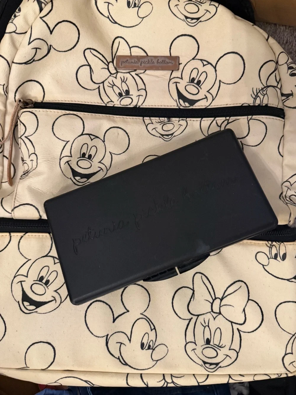 Petunia Pickle Bottom Kids Cream and Black Mickey & Minnie Print Diaperbag